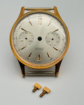 NOS Vintage Goldplated Steel Chronograph Watch Case with Dial & Pushers Swiss