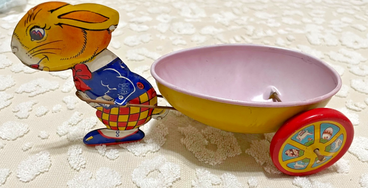 J Chein & Co Tin Litho Pull Toy Easter Rabbit Pulling Half Egg