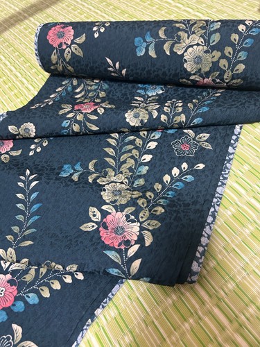 Japan Kimono Japanese Tanmono Bolt Navy and floral pattern Pre-owned
