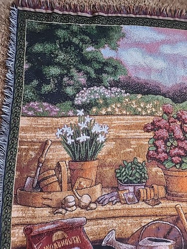 Woven Tapestry Spring Garden Gardener Throw Blanket Fringe 54"x46" Floral Bench - Picture 2 of 8