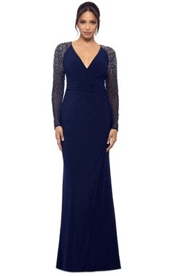 Betsy & Adam Petite Mesh-Sleeve V-Neck Evening Gown - Navy/Silver