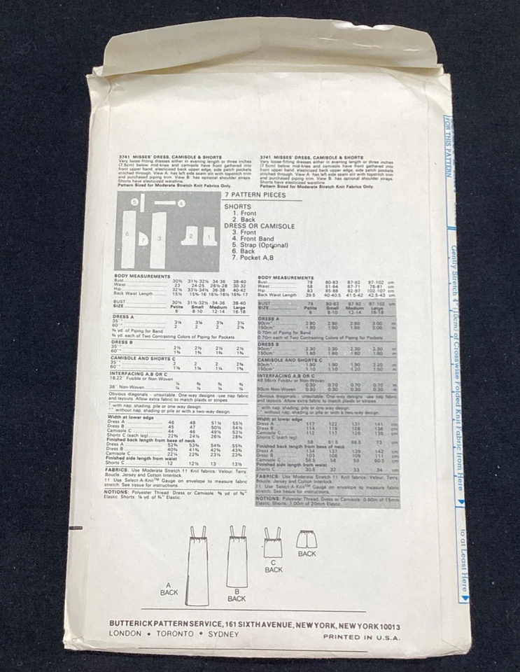 Vtg Butterick 1980's Dress/Camisole/Shorts Pattern 3741, Medium - free shipping - Image 3 of 4
