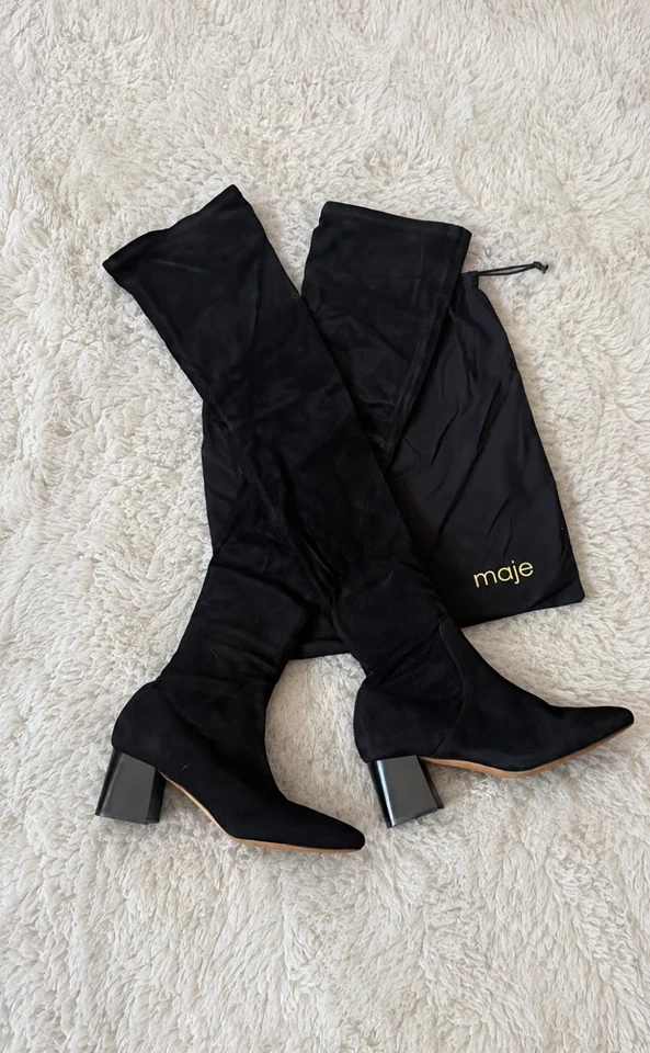Maje bottes cuissardes noires daim EU 38 bout pointu talon bloc avec pochette - Photo 1/2