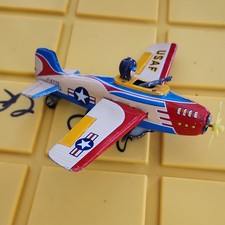 USAF Vintage Tin Toy Airplane Red Blue White with Pilot Collectible