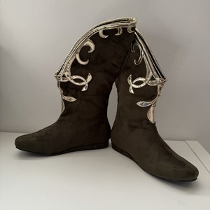 Fantasy Boots Renaissance Cosplay Fairy Tale Costume Shoes Olive Gold Trim Sz 7