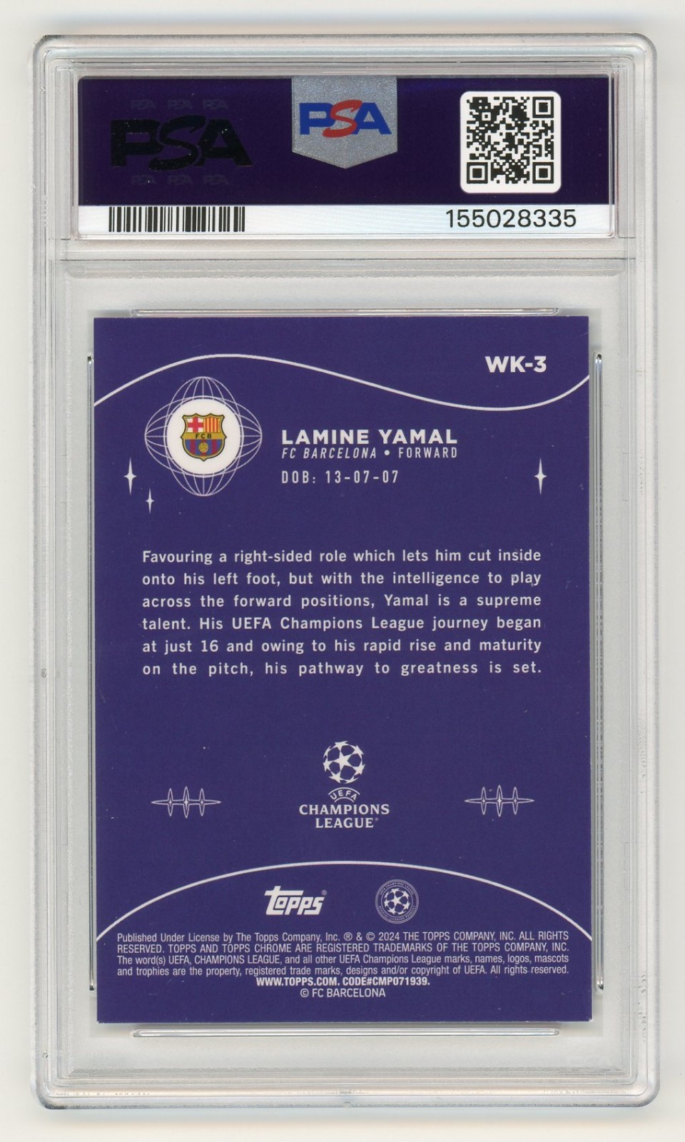 2023-24 Lamine Yamal Topps Chrome UCC Wonderkids Rookie #WK3 Barcelona PSA 8 view 2