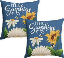 Hello Sunshine Daisy Sunflower Bee Throw Pillow Covers, 18 x 18 Inch Summer Part