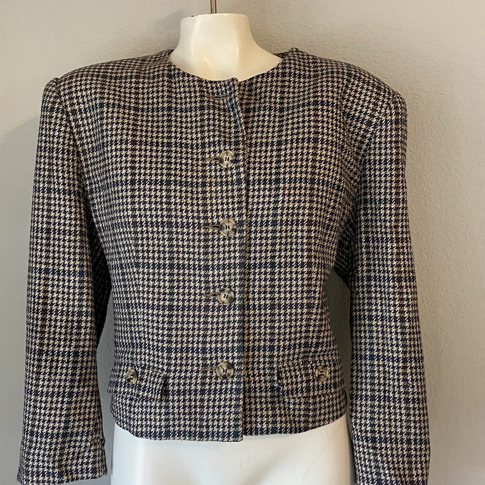 Chaqueta Blazer Mujer Harold's Botón Delantero 100% Seda Pata de Gallo Cuadros Talla 12 Foto 3 de 4