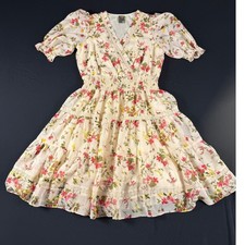 Taylor Floral Chiffon Tiered Mini Dress Cream Pink Smocked Waist Size M