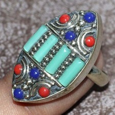 Nepali Tribal Tibetan Turquoise Red Coral Ring Jewelry Size US FreeSize JW