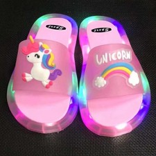 Rainbow Unicorn Girls Clear LED Light Up Toddler Sandals Flip Flop NEW Pink