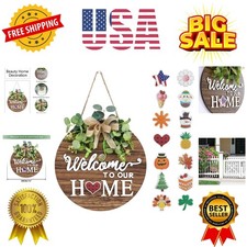 Interchangeable Seasonal Welcome Sign Front Door Decoration, Rustic Round Woo...