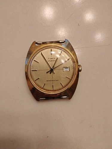 Vintage 1970's TIMEX Viscount Automatic Gold Crosshair Dial Date Watch Runs Good