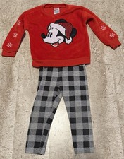 Disney Toddler Girls 2 Piece Mickie Mouse Fleece Outfit Red Sequins Plaid SZ 3T