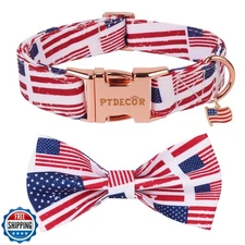 PTDECOR American Flag Dog Collar with Bow Tie, Adjustable Patriotic 4th of Ju