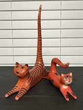 Lot of 2 Wooden Folk Art Cats. Orange. Stripes  spots. long tail. Indonesia.