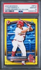 2025 BOWMAN PAPER PROSPECTS YELLOW REF. #/75 #BP22 JJ WETHERHOLT PSA 10 POP 1