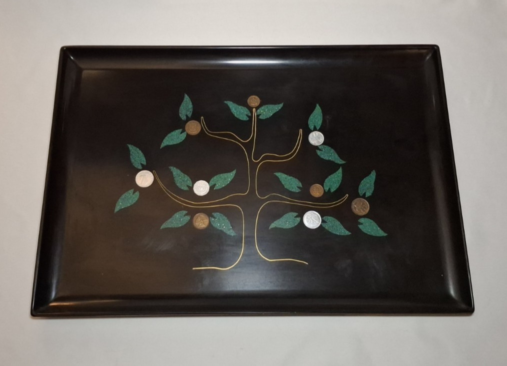 Vintage COUROC Of Monterey Money Tree Serving Tray, ‘60’s, International Coins