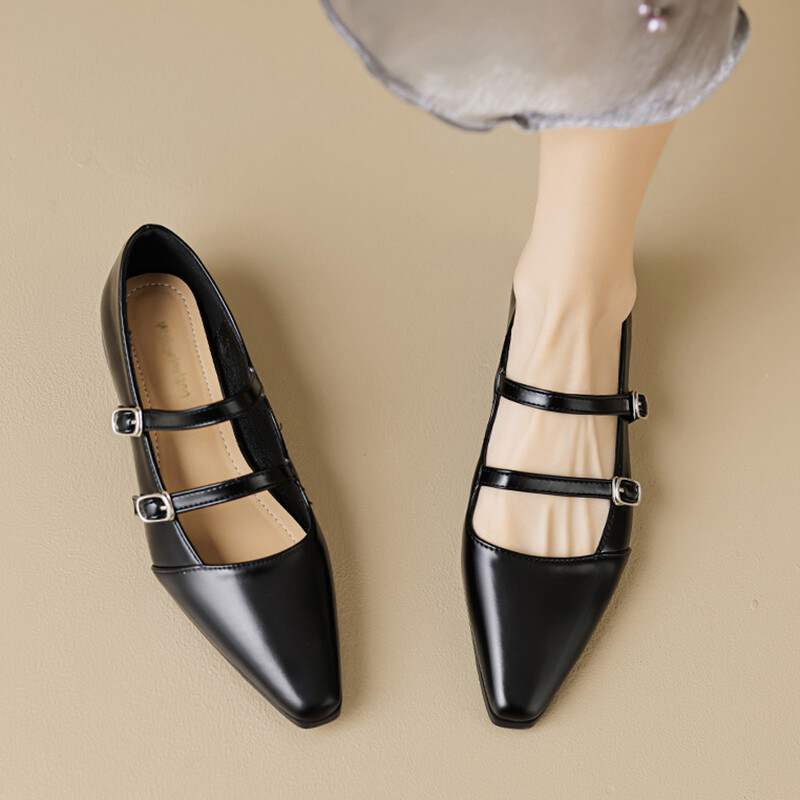 【PORTERNA】Jane Glossy Flat Shoes Fashion Womens Pointed Toe Shoes Flats Pumps Buckle Mary