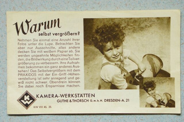 KW Dresden Prospektblatt PRAXIDOS EPISKOP 6 S./Preise Contax Leica 1930er