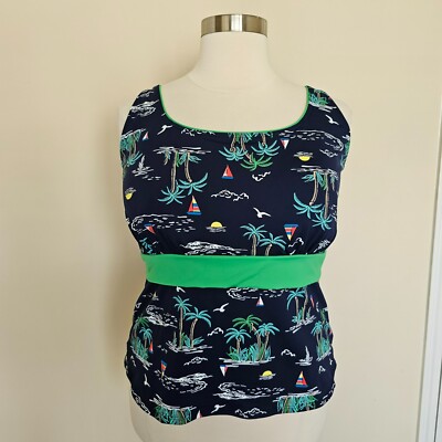 Lands End Plus Size 18W DDD Navy Blue Palm Tree Sail Boat Swimsuit Swim Top NWOT