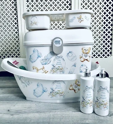 OK BABY Personalised Baby Bath, Baby Box, top and tail tray Blue Design