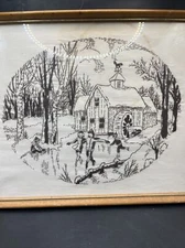 Completed Framed Crewel Artcraft Concepts Needlework Skating Scene 14.5”x 11.5”