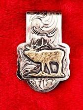 STANDING ELK EMBLEM HAND ENGRAVED MONEY CLIP  GERMAN SILVER  JEWLERS BRONZE