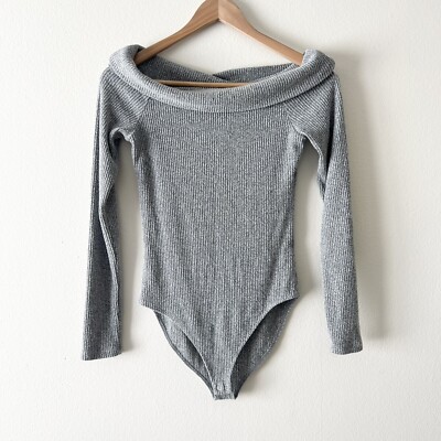 Forever 21 F21 M Womens Gray Ribbed Knit Long Sleeve Bodysuit