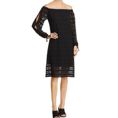 MICHAEL KORS Women's Black Medallion Lace Off The Shoulder Shift