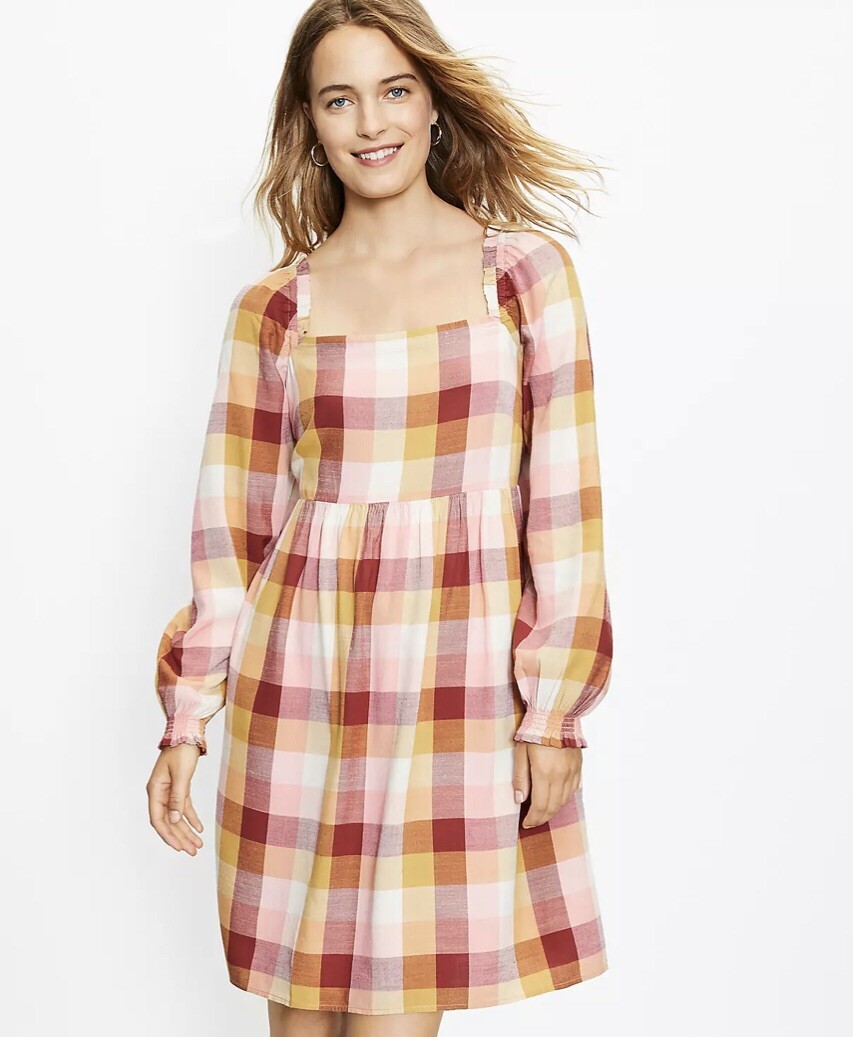 ann taylor pink gingham dress Ann Taylor Gingham Midi Dress in Linen Blend Size 4 Moonlight Women's