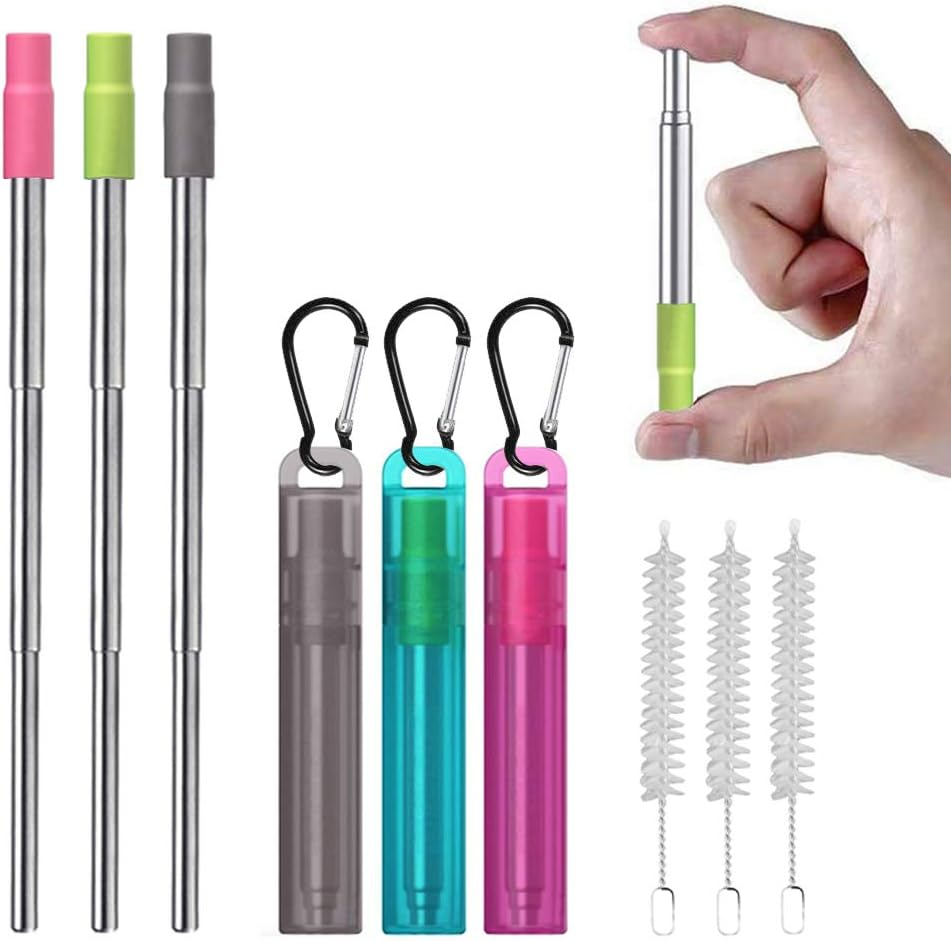 Metal Reusable Collapsible Straws with Silicone Tip, Telescopic Portable Stainle