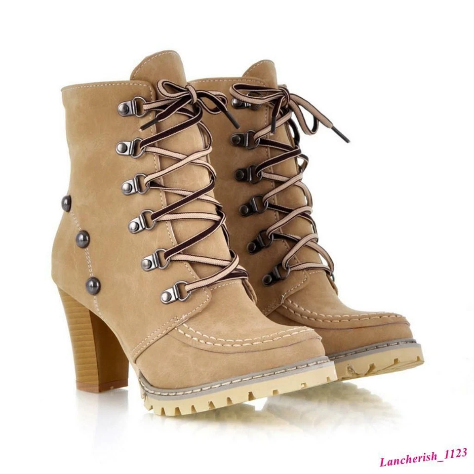 Rivet Women's Ankle Boots Lace Up Rivet High Top Chunky Heels Round Toe Shoes - Image 4 of 4