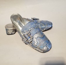 Prada Brocade Baby Blue Silver Swarovski Crystals Slides Shoes Mules Clogs 37