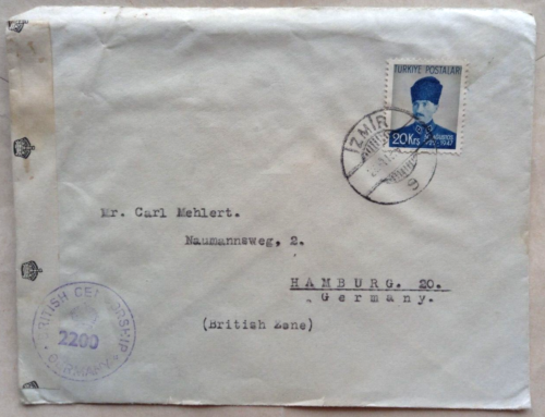 TURKEY 1947 IZMIR COVER TO GERMANY WITH BRITISH ZONE CENSOR LABEL & CACHET - Picture 1 of 2