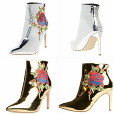 Metallic Embroidered Pointy Toe Stiletto High Heel Womens Ankle Boot Booties Zip