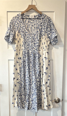 Seraphine Luxe Maternity Nursing White Blue Floral Flutter Sleeve Dress US 14