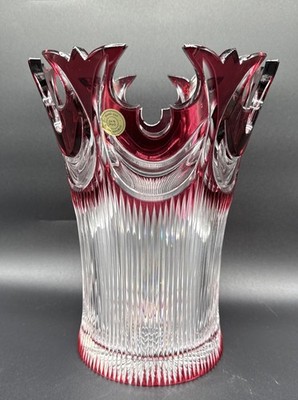 CAESAR CRYSTAL Red DIADEM 10  Vase Hand Cut to Clear Overlay Czech Bohemian Rare