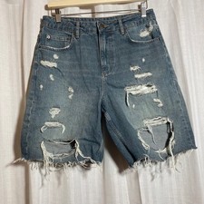 Zara Distressed Denim Shorts High Waisted Ripped Blue Bermuda Raw Hem USA 30