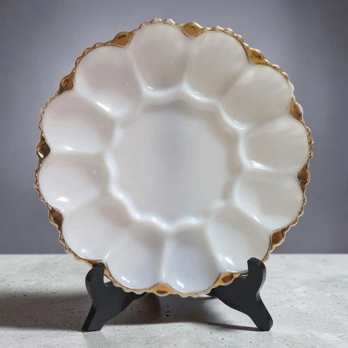 Vintage Anchor Hocking Milk Glass Swirl Deviled Egg Server Plate 22 Kt Gold Trim