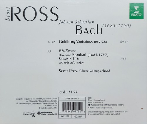 Bach Goldberg Variationen CD Scott Ross Erato 1985 cc - Bild 2 von 2