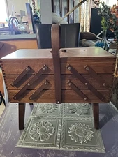 Vintage Wooden Accordion Sewing Box with Legs Mid Century Expandable Organizer