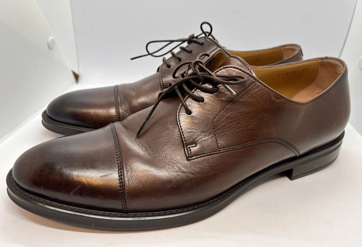 Hugo Boss Men\'s Brown Leather Oxford Dress Shoes Size 7.5 US Italy Floor Sample BOSS - Cap-toe Derby shoes in leather - Dark Brown main image 2