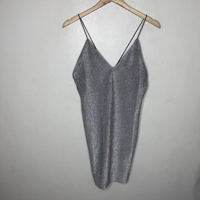 Divided H&M Silver Sparkle Mini Dress NYE Women s Large Metallic V-neck Strappy
