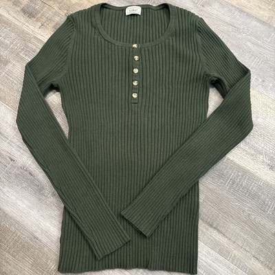 LL Bean Henley Ribbed Women M Y2K Forest Green Bella Swan Sweater Stretch
