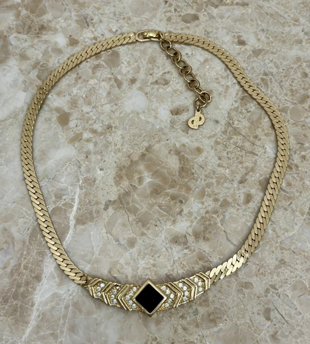 Collana girocollo Christian Dior firmata vintage regolabile smalto nero e cristallo