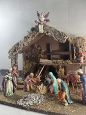 Vintage Sears Musical Nativity Scene 14pc Handmade Stable Made in Italy