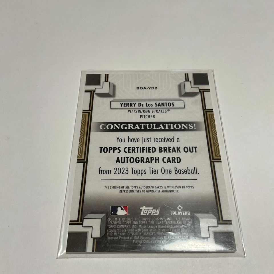 2023 Topps Tier One Yerry De Los Santos Rookie Auto #206/299 Pirates #BOA-YD2 - Image 2 of 2