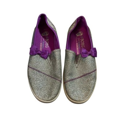 Lil Bobs Skechers Memory Foam Glitter Silver Purple Bow Sneaker Slip-On Youth 6