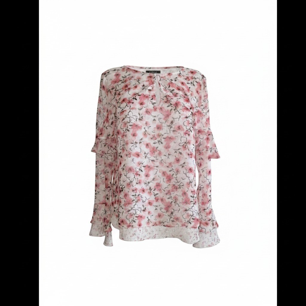 White House Black Market WHBM Floral Ruffle Blouse Pink Peach Size 10 Spring